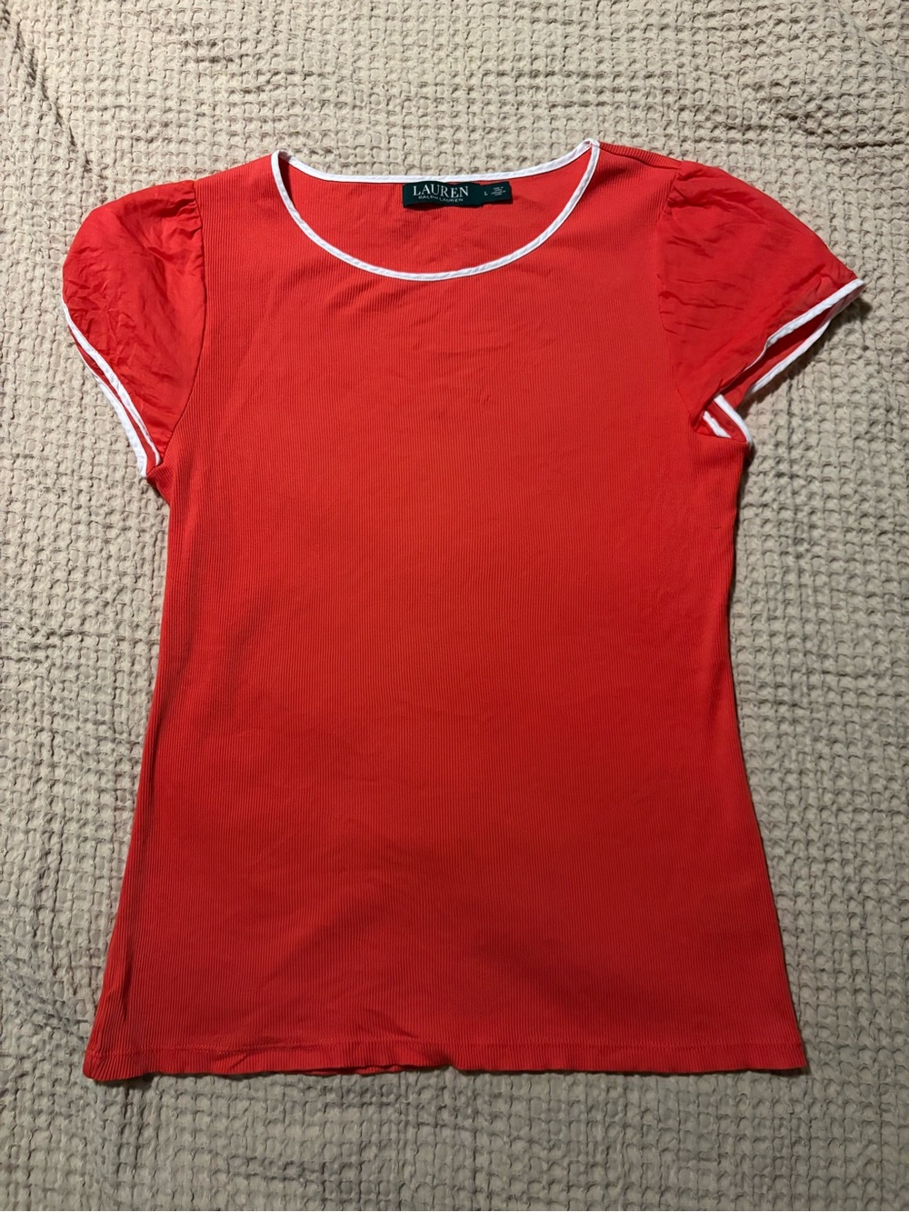 Ralph Lauren Red/Orange-Red Short Sleeve Scoop Neck Top with White Trim